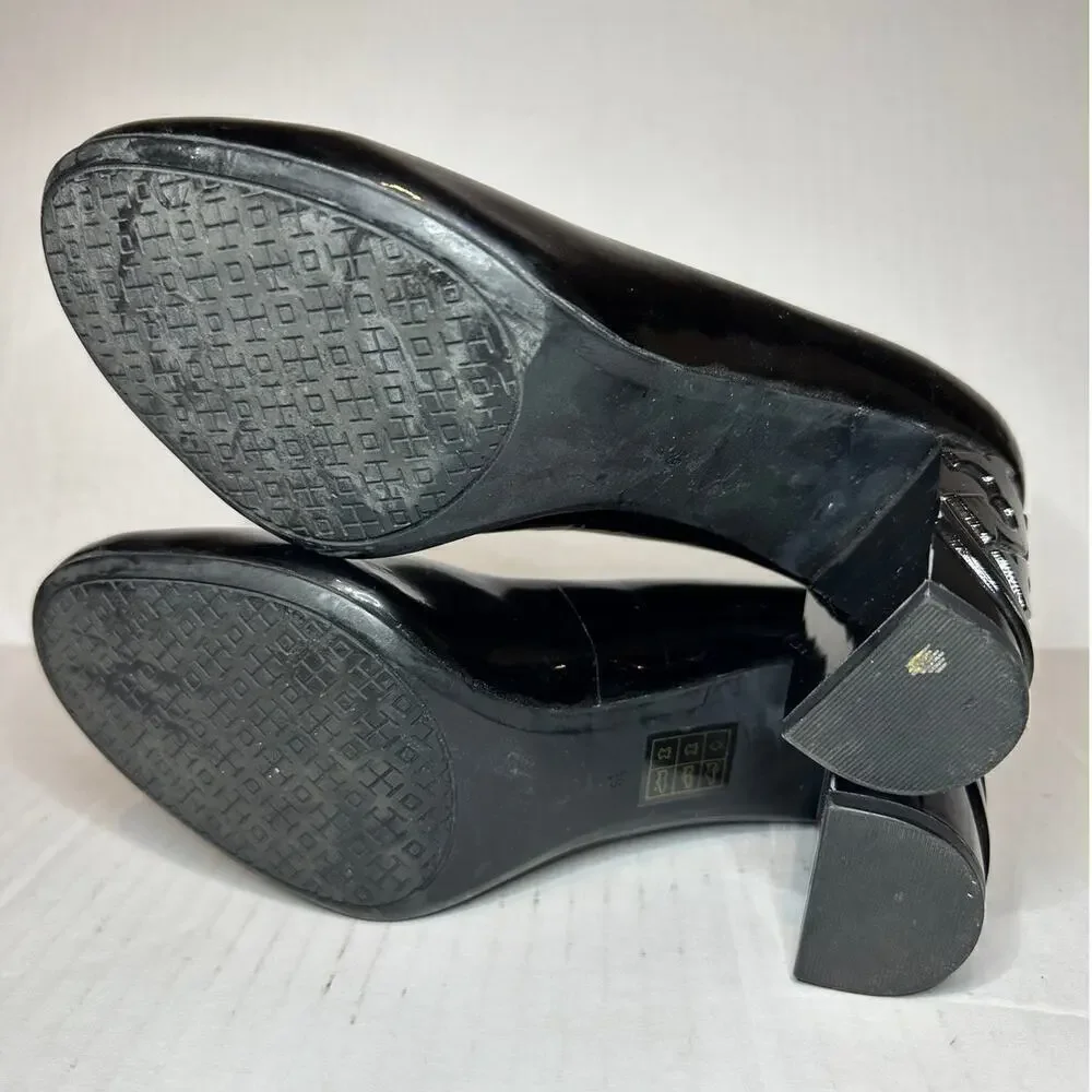 Tory Burch Size 6.5 Logo Black Patent Leather Pump Heels Workwear Office Siren